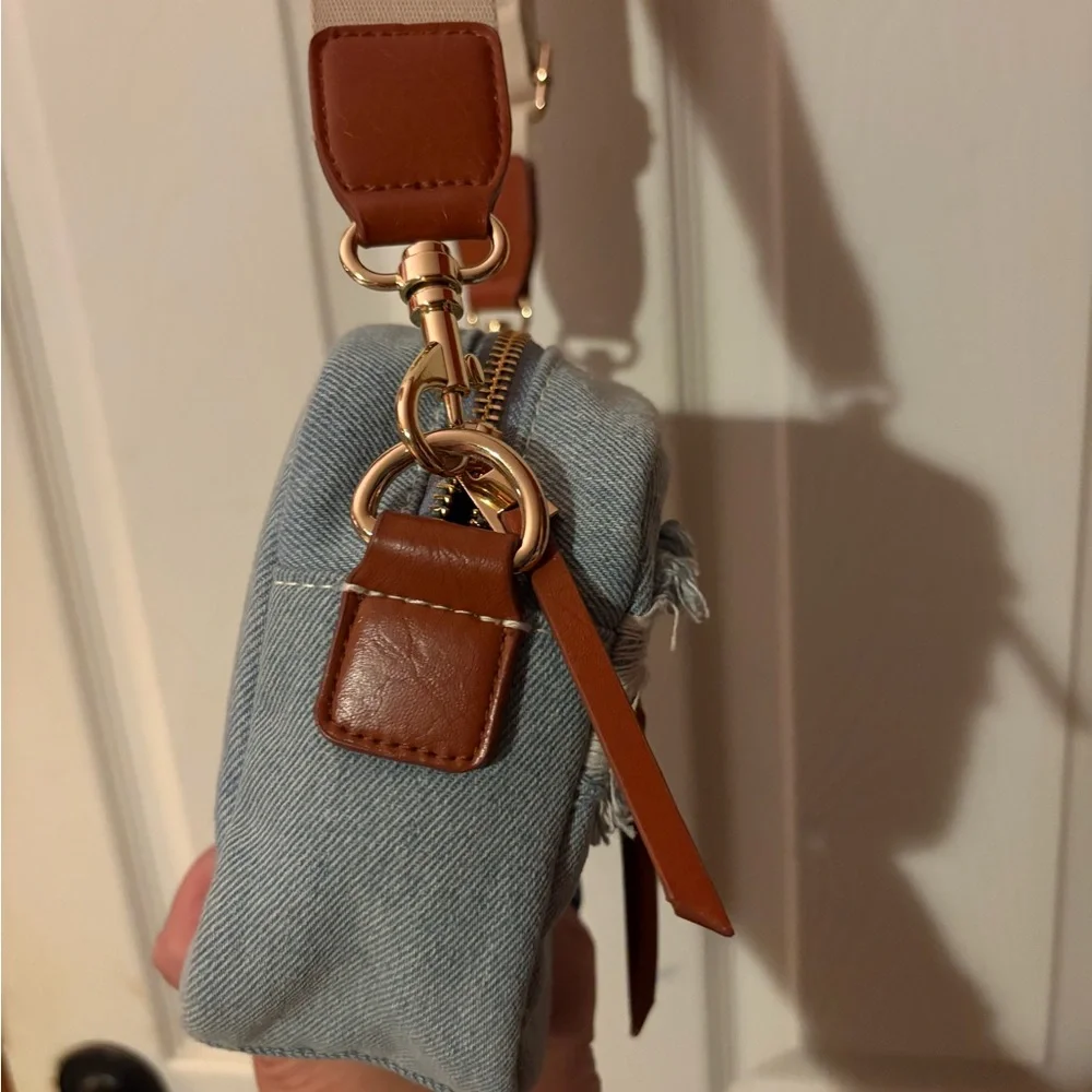 Denim Camera Crossbody Bag with Tan Strap - Picture 6 of 10